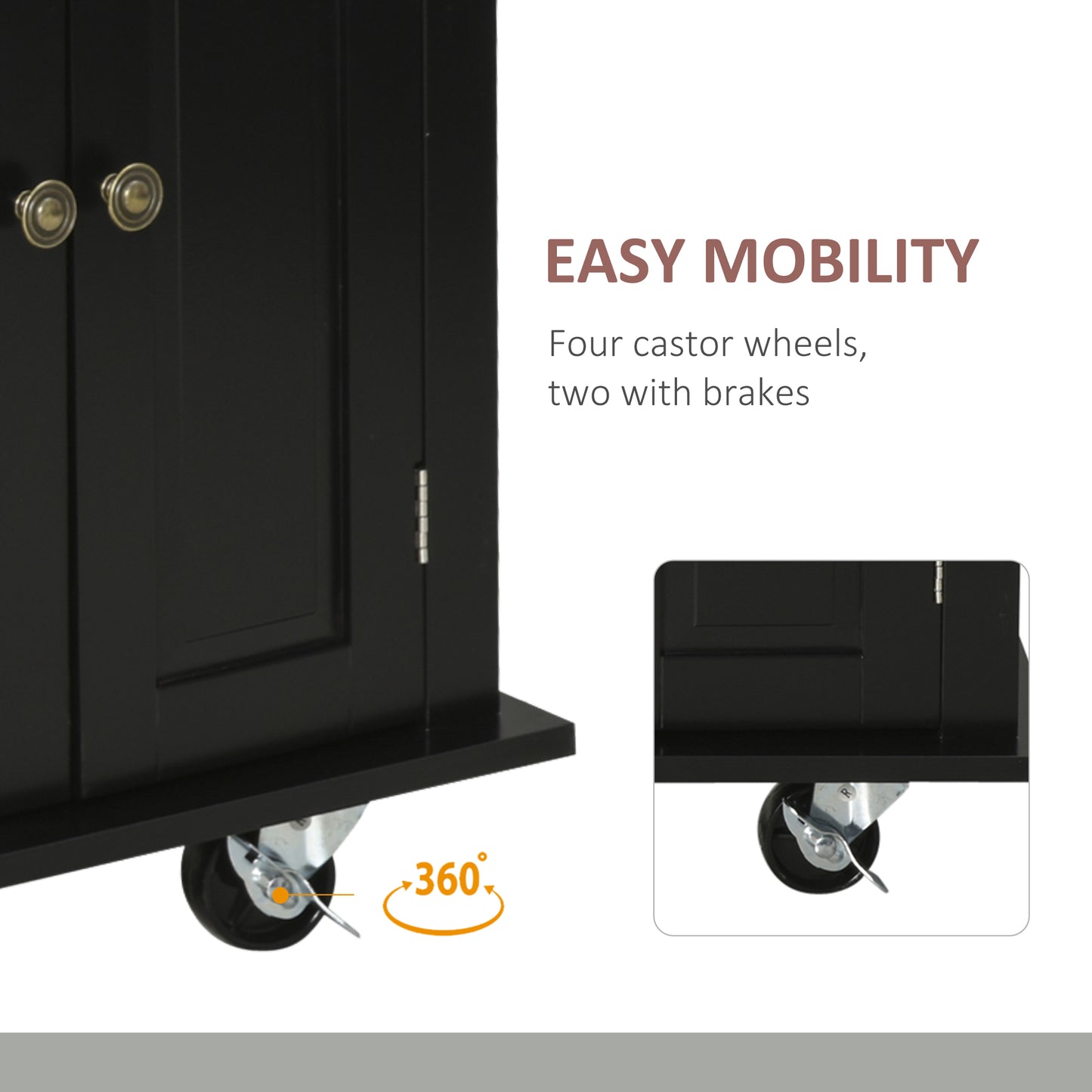 44" Mobile Kitchen Island Table, Kitchen Island Cart on Wheels with Storage Cabinets, 2 Drawers, Black