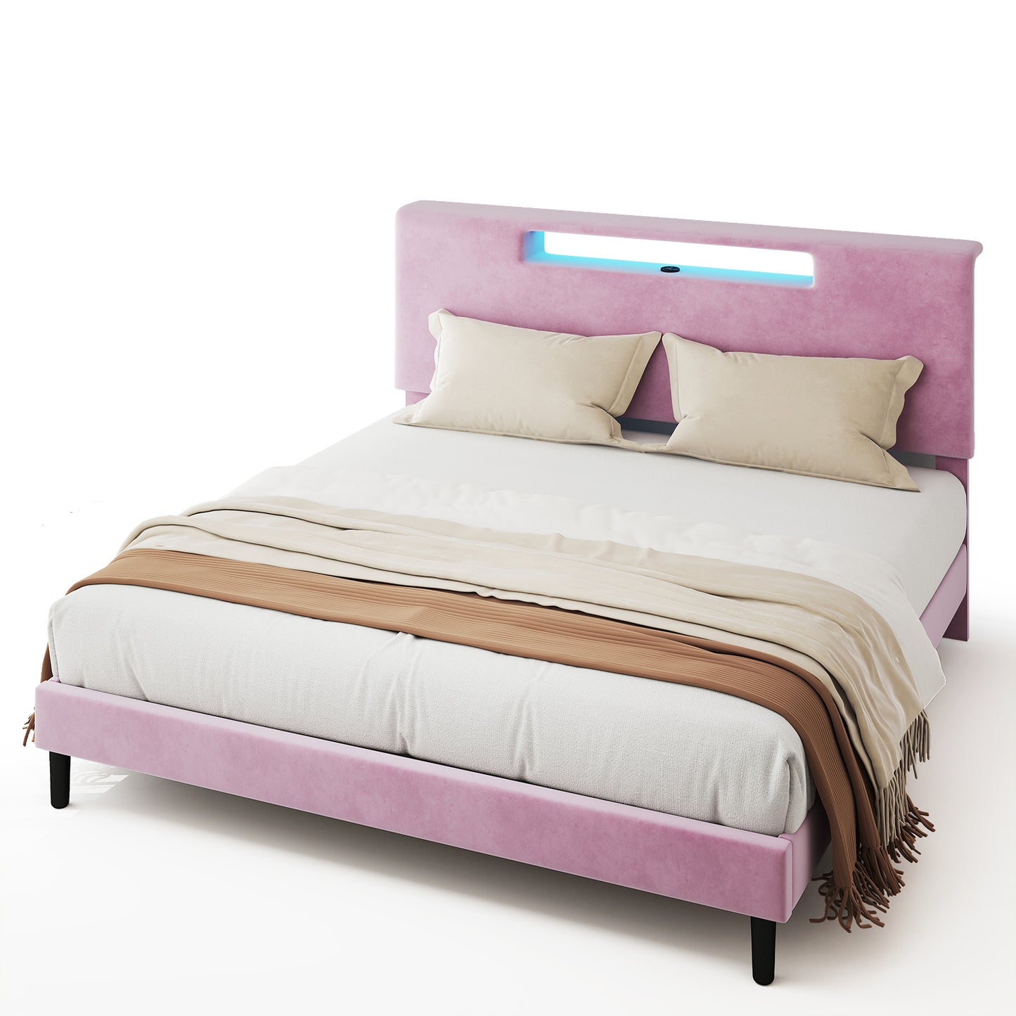 King Size Bed Frame With Charging Station And Adjustable LED Light Wood Slat Support Bed Frame With Upholstered Headboard No Box Spring Needed Easy Assembly