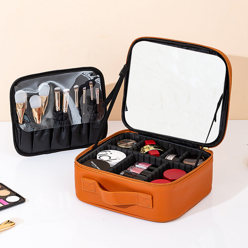 Makeup Bag With Mirror And Light Rechargeable PU Leather Travel Storage Box