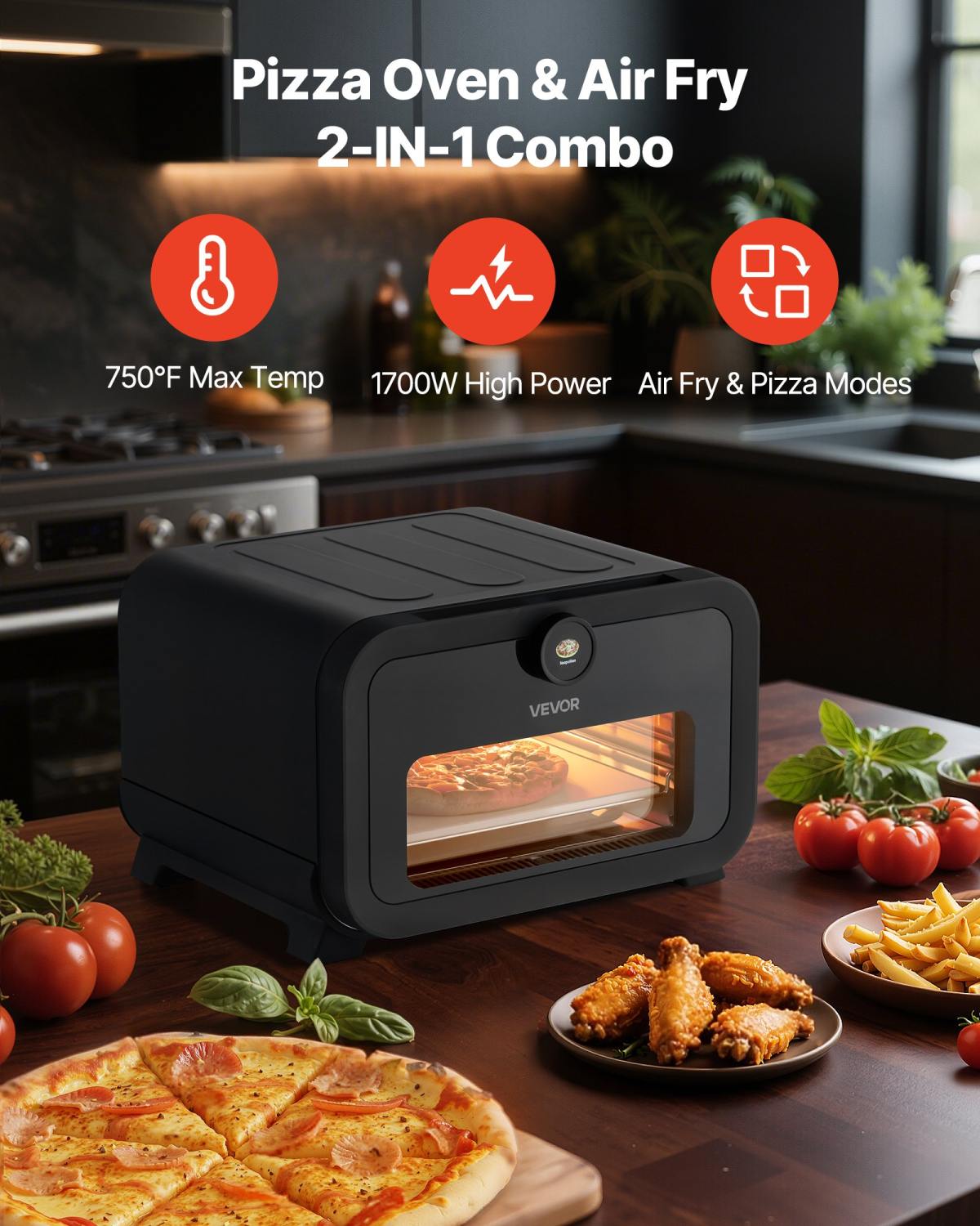 Pizza Oven, 8 Presets Electric Pizza Ovens Air Fry Combo, 12-Inch Indoor Pizza Maker Smart Knob Control , 750°F Max Temp, IPX4 Waterproof Countertop Pizza Cooker W/Pizza Stone,Fry Basket