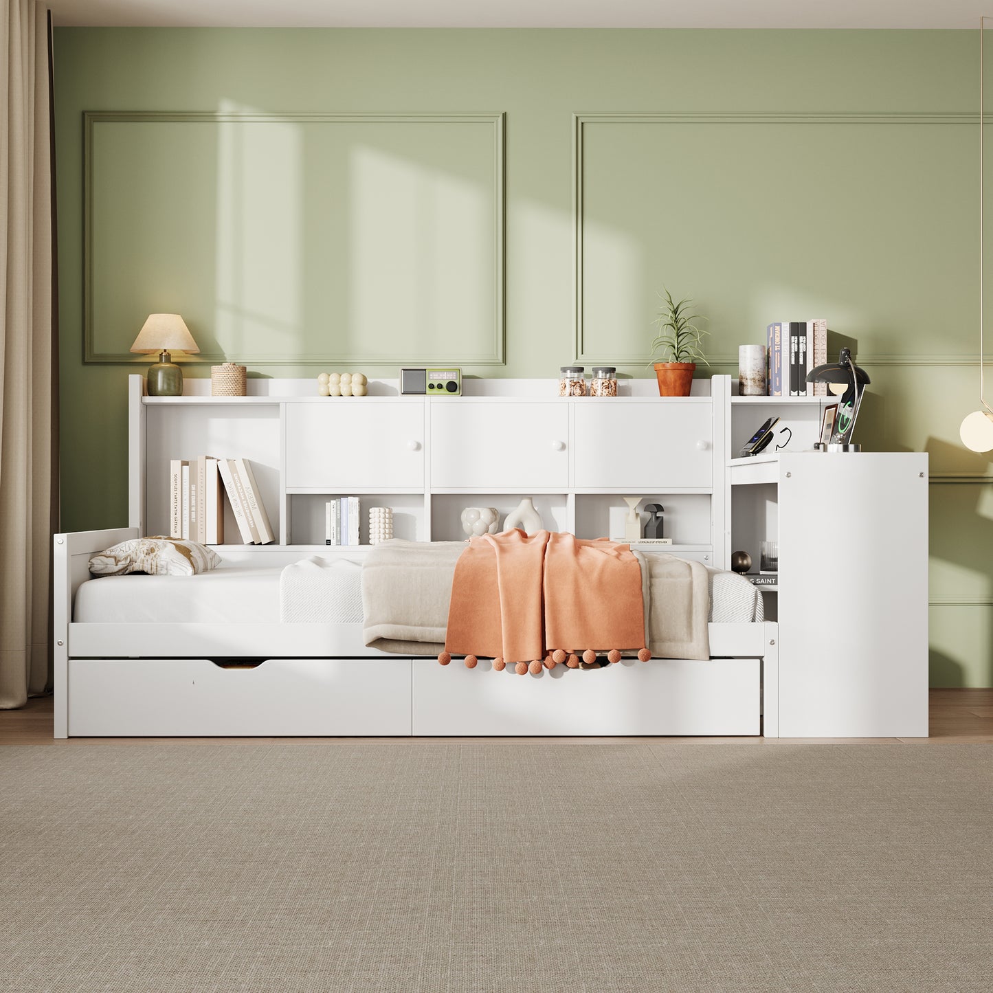 3ft Single Daybed With Storage Drawers And Bookcase, Modern Bed Frame With Charging Station And Integrated Desk, Wood Bed For Living Room Bedroom Study Room, Two Assembly Methods, White No Mattress