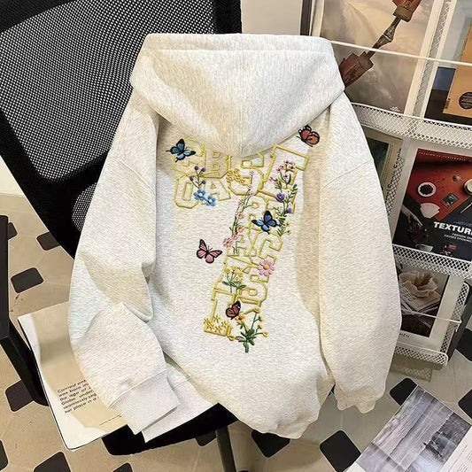 Korean-style Designer Floral And Letter-printed Hooded Sweatshirt With Silver Fox Velvet Finish