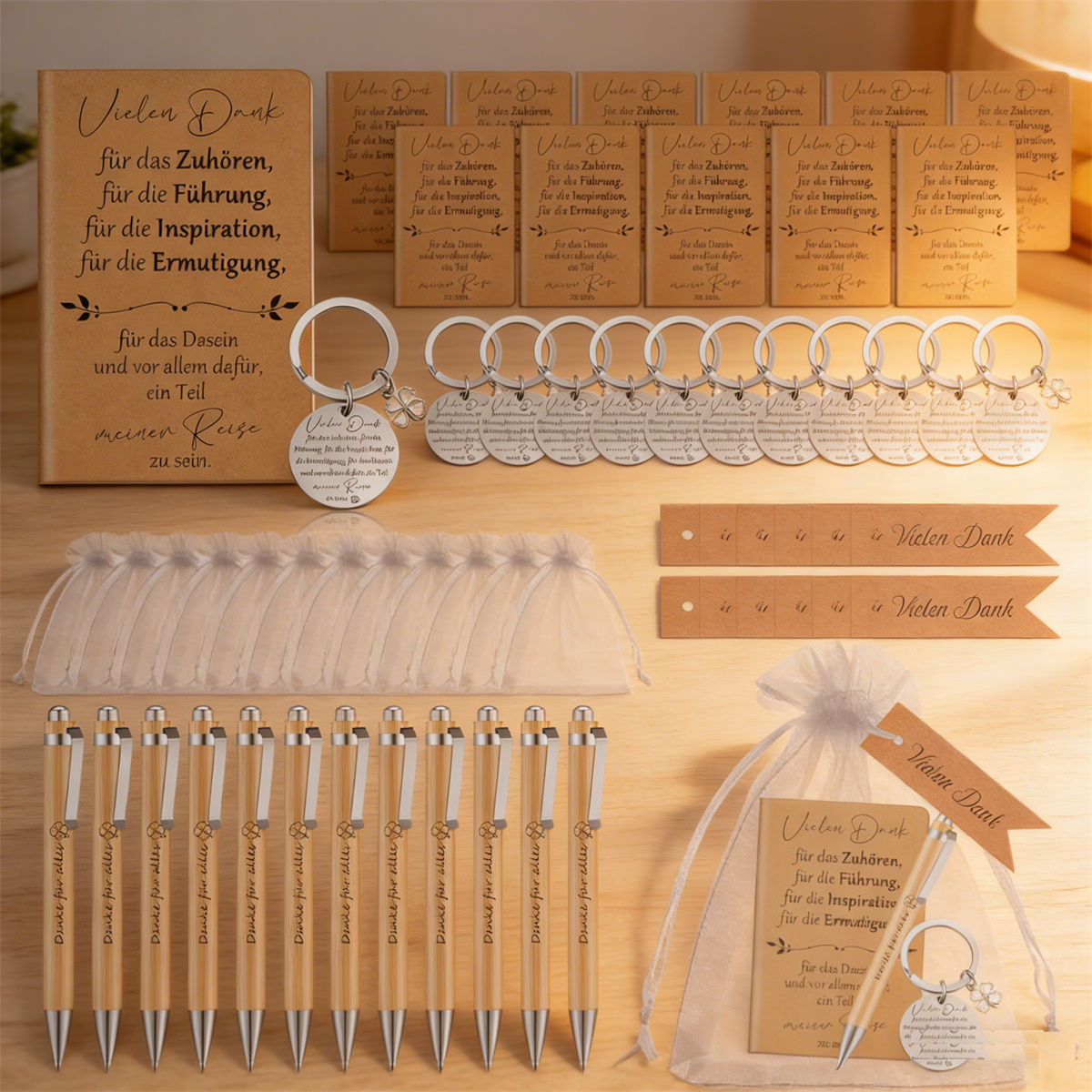 Thank-You Gift Set—12-Piece Set With Wooden Pens, Keychains, Notebook, And More For Special Occasions—Party Supplies Set