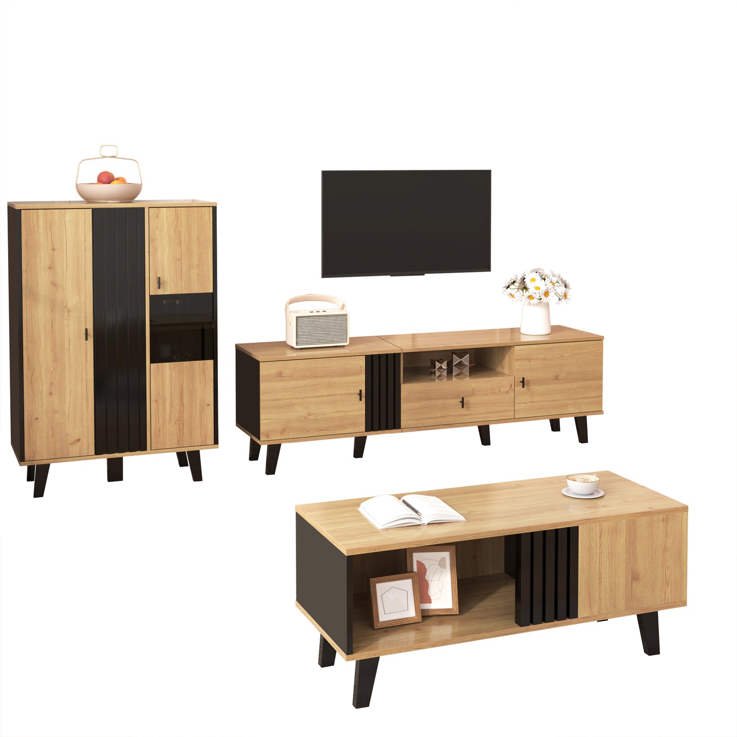 Living Room Furniture Set 3 Pieces  Coffee Table, TV Cabinet & Sideboard  Modern Design In Wood And Black  Plenty Of Storage Space, Stylish Elegance For Every Home