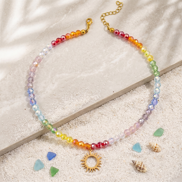 Rainbow Glass Bead Sun Necklace For Women, 18K Gold Plated Stainless Steel Celestial Sunburst Pendant Choker, Colorful Summer Jewelry Gift