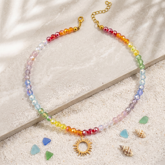Rainbow Glass Bead Sun Necklace For Women, 18K Gold Plated Stainless Steel Celestial Sunburst Pendant Choker, Colorful Summer Jewelry Gift