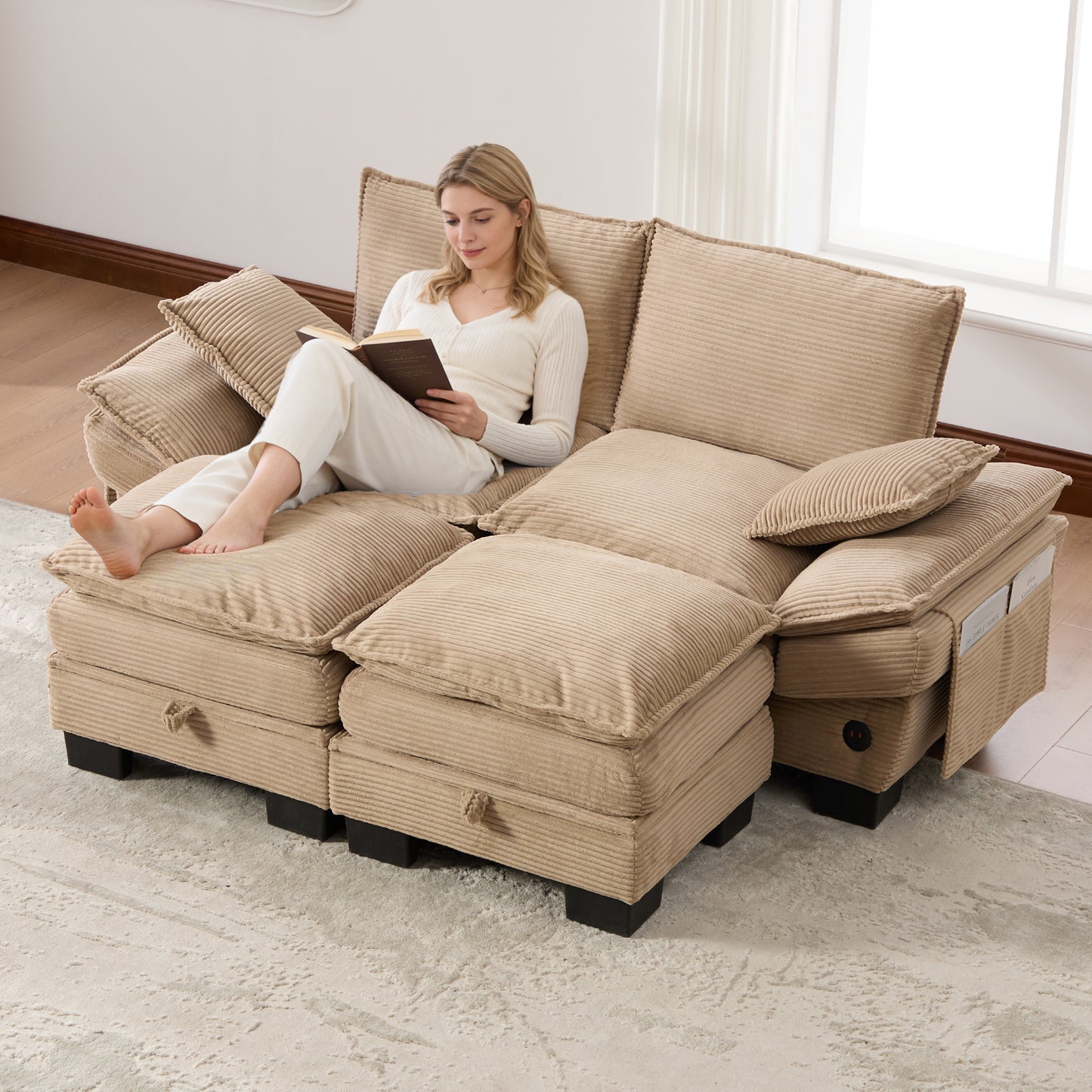 Modular 2-seater Corduroy Sofa  With 2 Stools  Wide Seat, Ergonomic Design, High-density Foam Padding, USB-C Port And Side Pockets. Ideal For Living Room, Office Or Lounge.