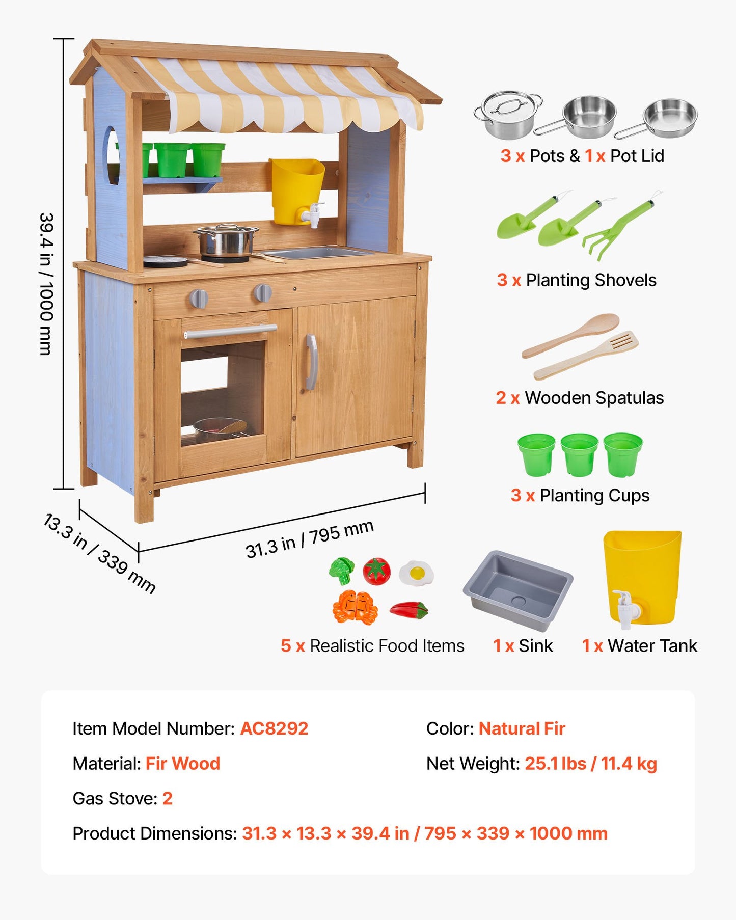 Mud Kitchen, Outdoor Mud Kitchen For Kids, Wood Outdoor Play Kitchens With Spoons, Sink, Tank, Sunshade Canopy, Shovels, Cookware Pots And Accessories, Wooden Play Kitchens For Home, Lawn