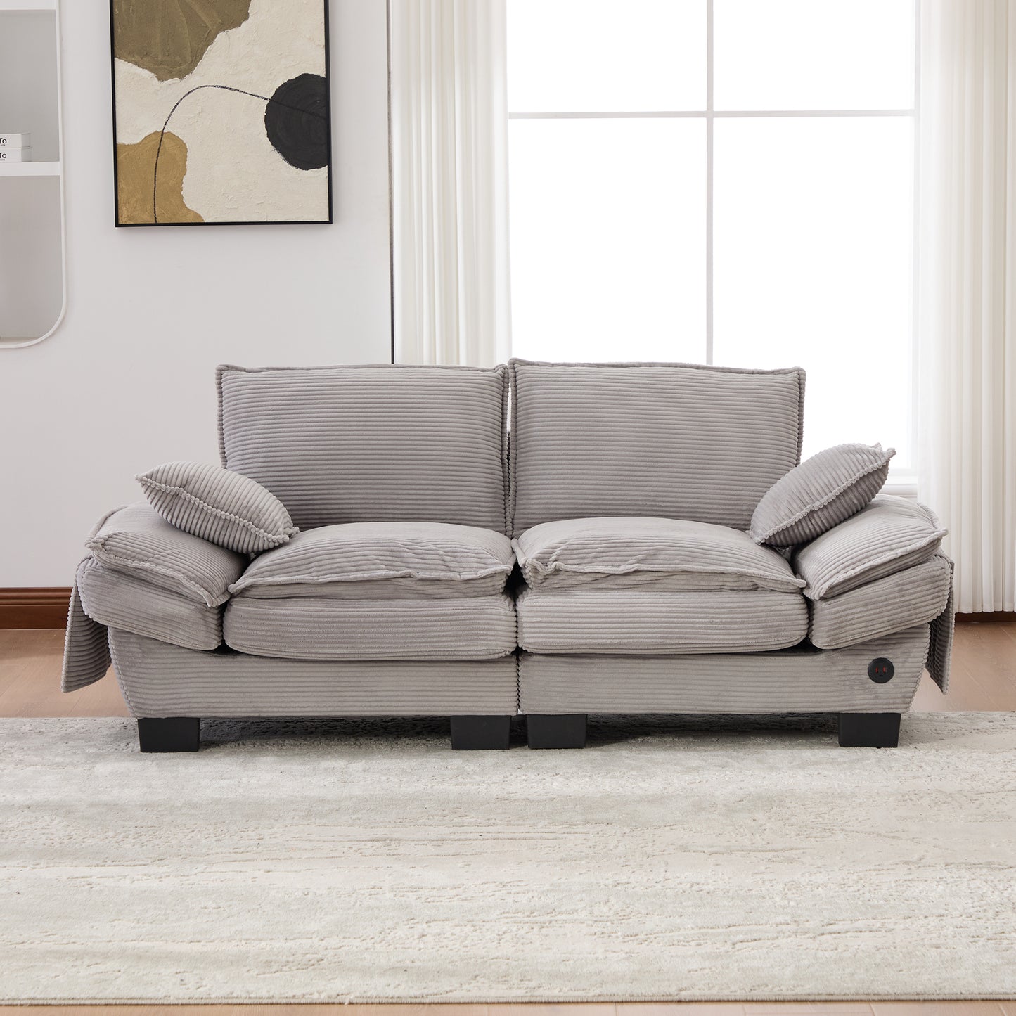 Modular Sofa With Wide Seat Surface For 2 People, Ergonomic Design, High-density Foam Cushioning, USB-C Port And Side Pockets. Ideal For Living Room, Office Or Lounge. Light Gray.