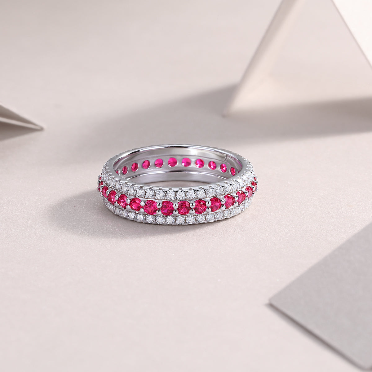 3.6g S925 Sterling Silver 3 Row Pave Ring  Synthetic Ruby Eternity Band, Platinum Plated Promise Ring For Women, Jewelry Gift Box Set