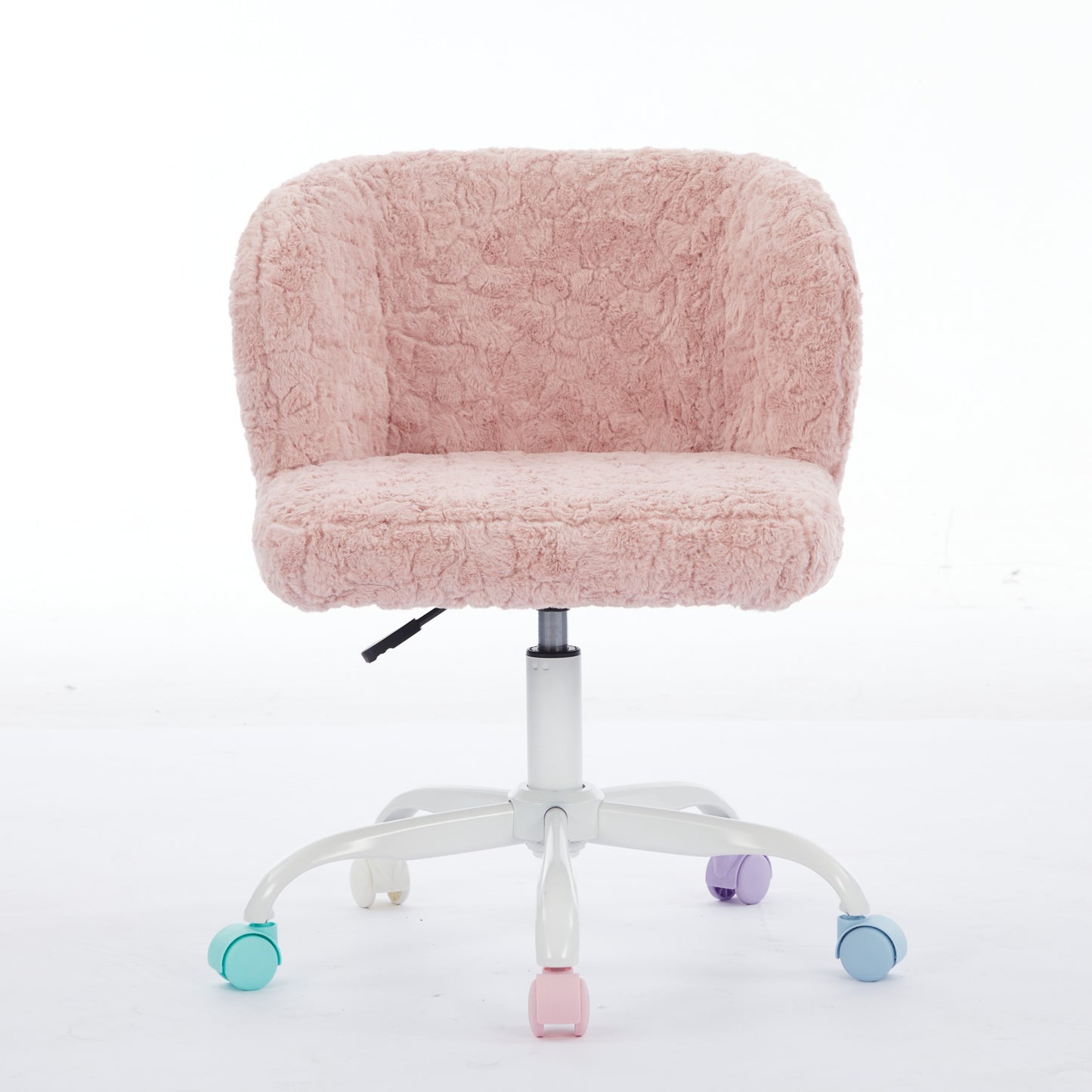 Girls Faux Rabbit Fur Desk Chair, Cute Fluffy Adjustable Swivel Vanity Chair With Silent Colorful Wheels, Soft Upholstered Office Chair For Bedroom, Study Room And Dorm, Pink
