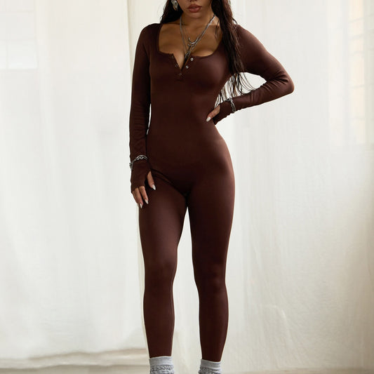 Women's Sports Fitness Square Collar Button Long Sleeve Yoga Jumpsuit