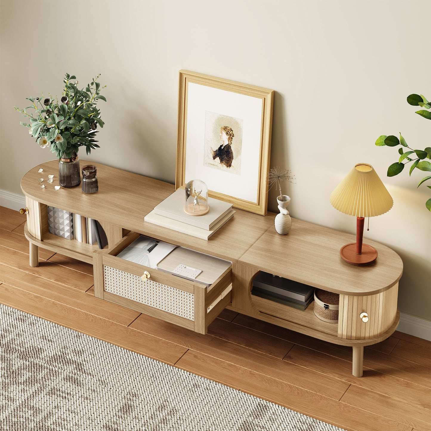 TV Cabinet TV Stand With Solid Natural Wood Doors And Rattan Drawers. Natural Storage Solutions For A Rustic Atmosphere