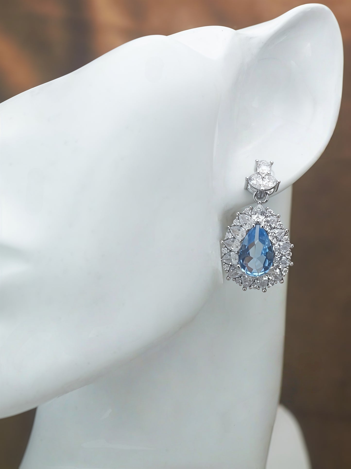 Pear Shaped Sky Blue Gem Double Halo Dangle Drop Earrings For Women, Copper Silver Plated Marquise White Crystal Vintage Bridal Banquet Statement Jewelry Gift