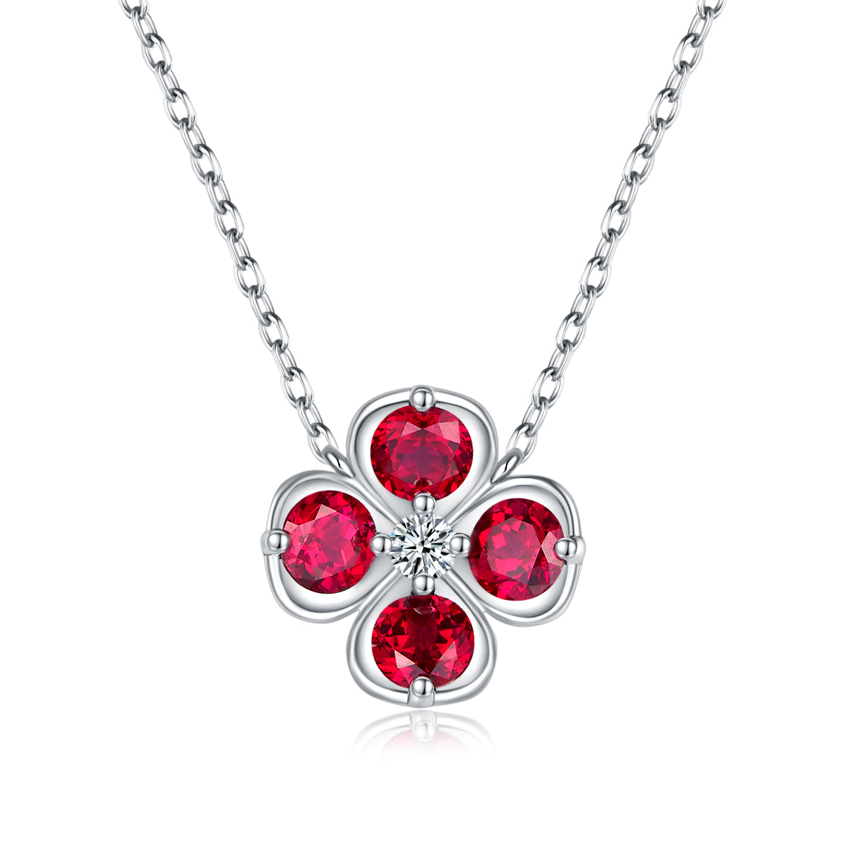 S925 Sterling Silver Clover Necklace, 2.6ct Lab-Grown Ruby Sapphire Emerald Padparadscha, Platinum Plated 45cm, 4.3g Gift Box
