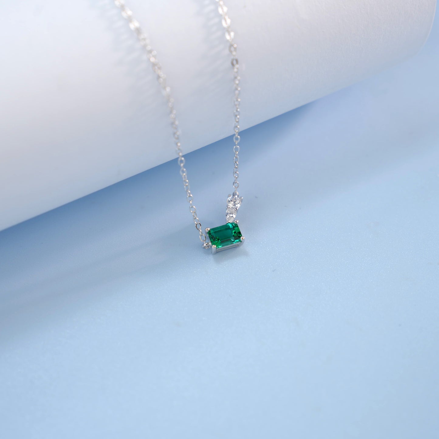S925 Sterling Silver Geometric Necklace, 6x4mm Lab-Grown Ruby & Emerald, Platinum Plated Minimalist Chain, 2g Women's Jewelry Gift Box