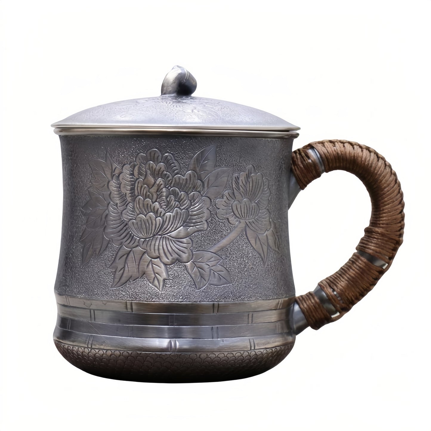 925 Sterling Silver Elegant  Peony Mug with Woven Handle-Premium Tea Mug - Handicraft