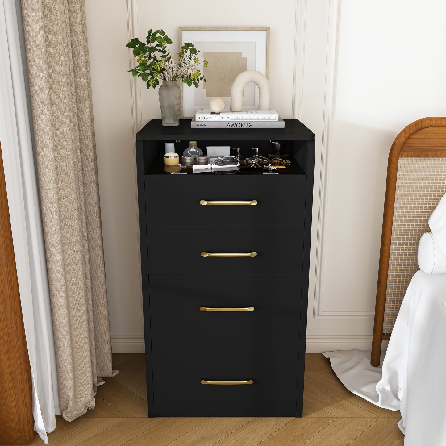 3 In 1 Vanity Desk With Open Top Mirror,Small Make Up Vanity Set With Visible Glass Desktop,Compact Makeup Vanity With 3 Drawers,Dressing Table For Bedroom  Black
