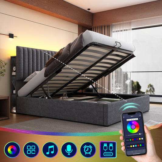 Upholstered Bed Storage Double Bed LED App-Control Bed With Charging USB Type C Charging Function, Storage & Adjustable Headboard, 160x200cm Wooden Slatted Frame, Grey  Without Mattress
