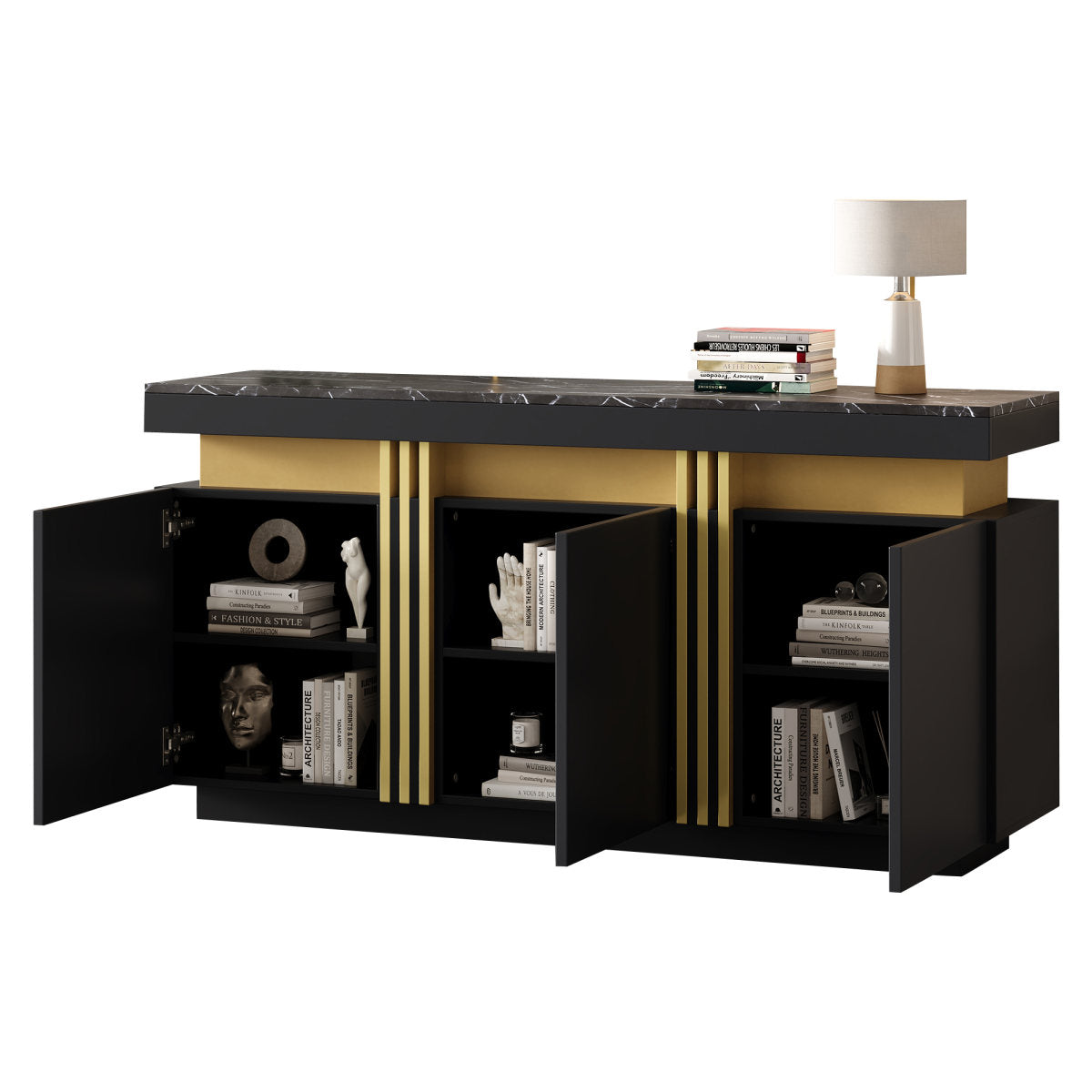 Modern Black & Gold Buffet Cabinet, 55'' Sideboard With Faux Marble Top, Luxury Storage Credenza With 3 Doors & Adjustable Shelves For Kitchen, Dining Room, Living Room, Entryway
