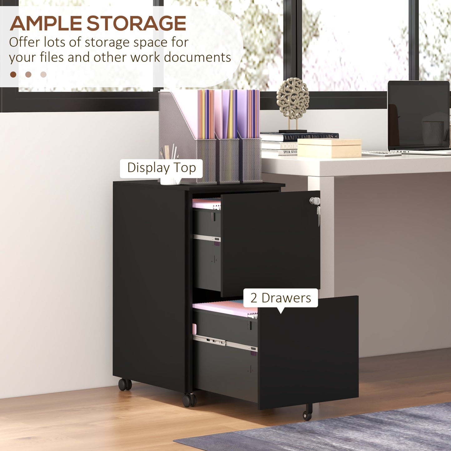 Vinsetto 2-Drawer Vertical Filing Cabinet With Lock And 5 Wheels, Steel Mobile File Cabinet, For A4, Legal And Letter Size, Pre-Assembled Body, Black