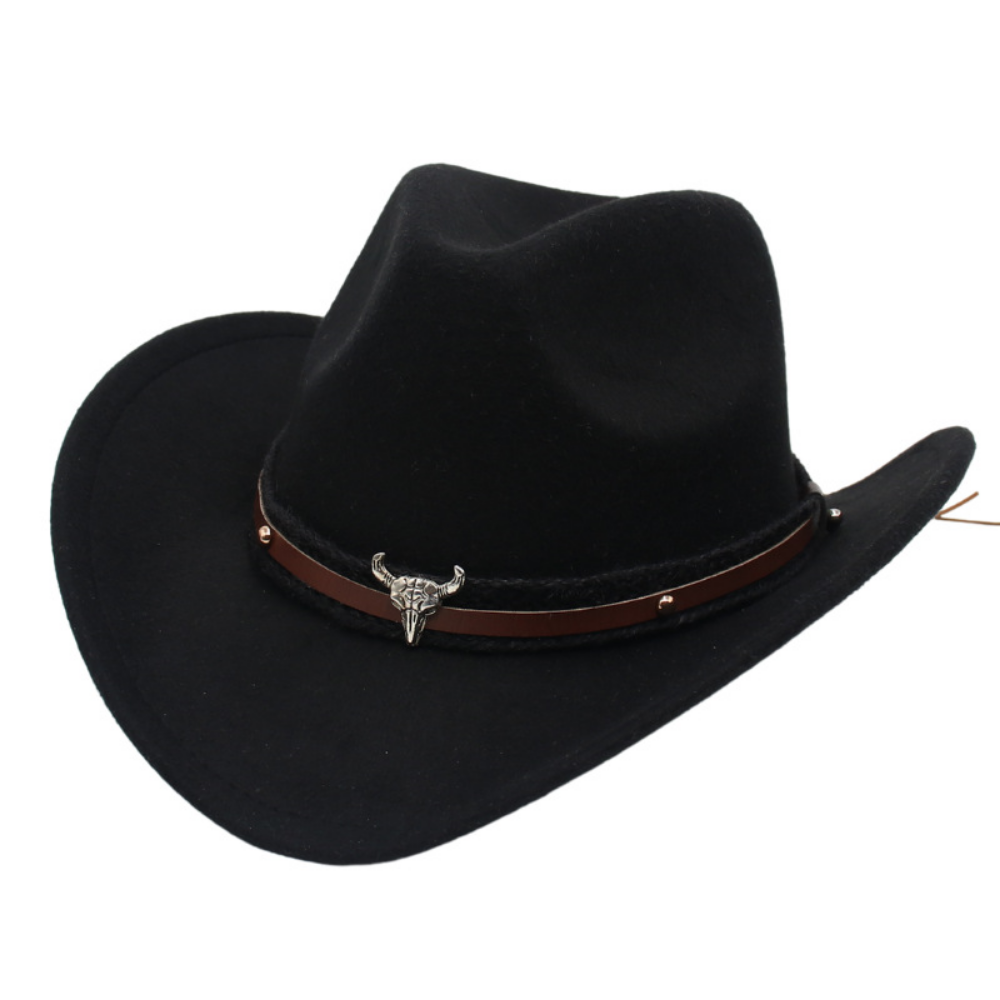 Retro American Western Cowboy Hat - Silver Bull Head Wide Brim Felt Hat  Knitted Headband, Suitable For Outdoor Riding, Traveling And Photography