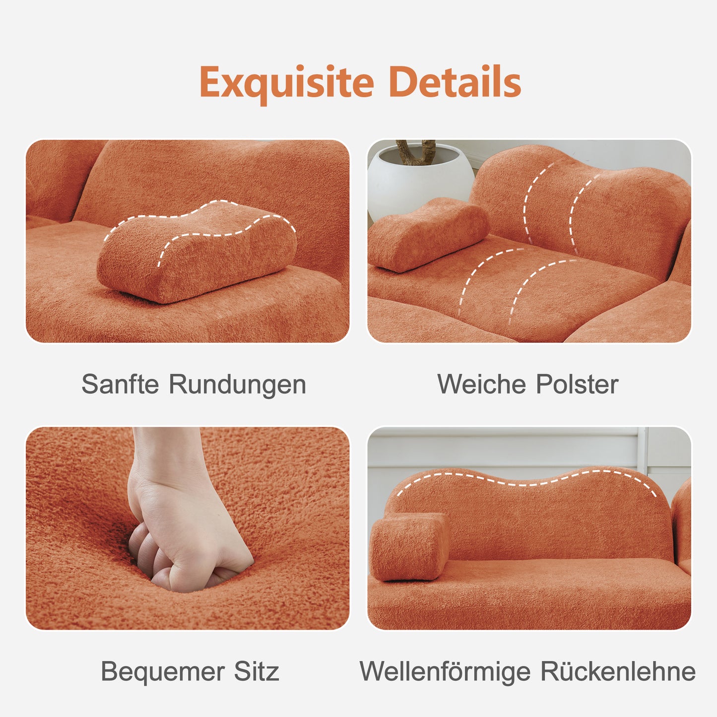 2 Seater Modular Boneless Sofa, Wave Shape, Deep Seat Cushions, Movable Armrest Cushion, For Living Room & Apartment, No Setup Required, Orange