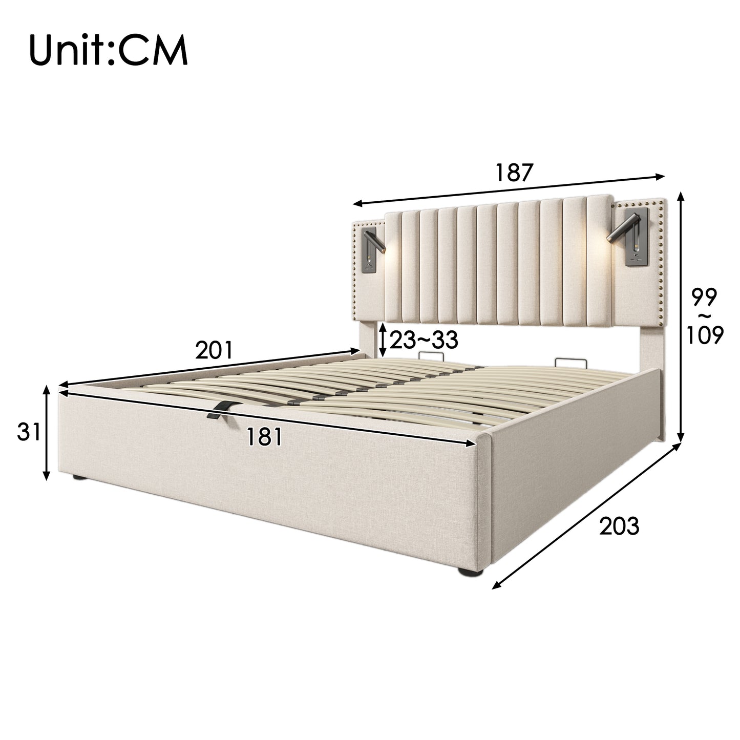 Upholstered Bed 180x200,double Bed Storage Storage Bed Drawer,reading Light With USB Charging Function Headboard,backrest With Rivet Design,bed With Slatted Base And Bed Box, Cotton, Beige