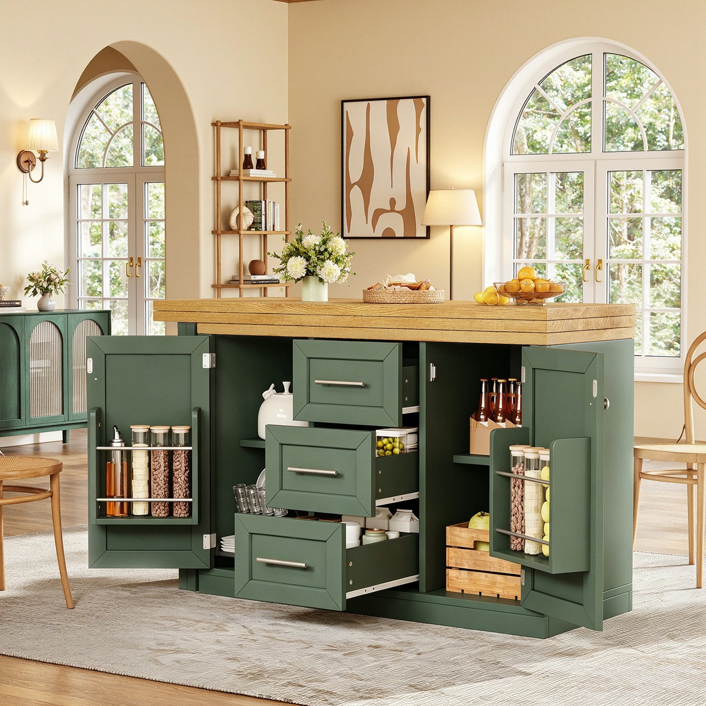 Extendable Sideboard & Table Combo, 120-197cm Adjustable Dining Table With Storage, 3 Drawers & Snack Racks, Space-Saving Kitchen Island For Small Flats, White Antique Green