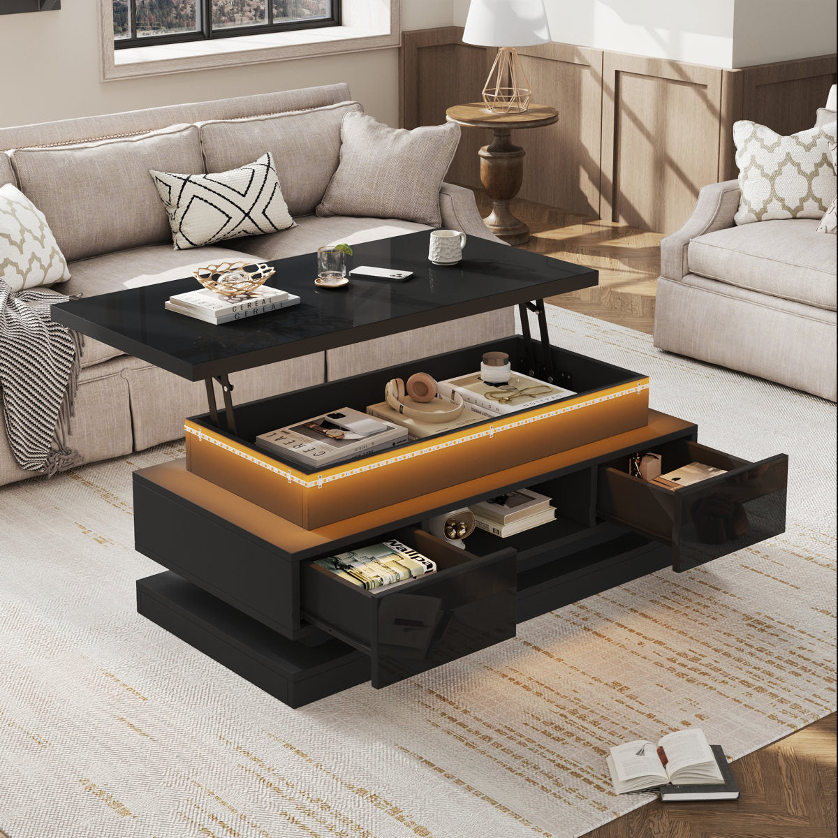 100x50x40cm Liftable Coffee Table With 2 Drawer, High Gloss Side Table With LED, Sofa Table, Coffee Table, Living Room Table With Hidden Storage, Black, Chipboard