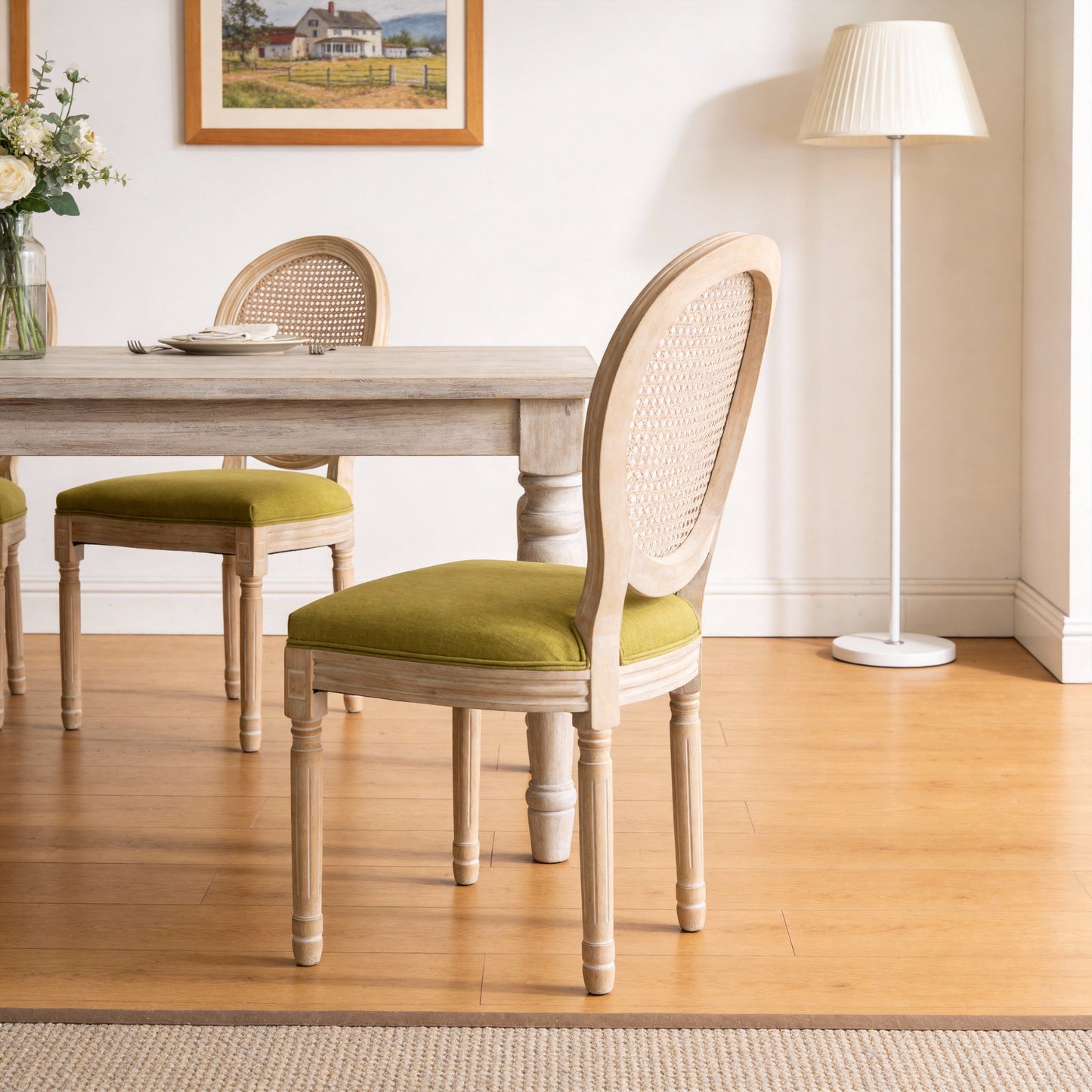 French Country Dining Chairs Set Of 2, Upholstered  Chairs With Nature Rattan Round Back, For Living Room, Kitchen , Restaurant Use, Green