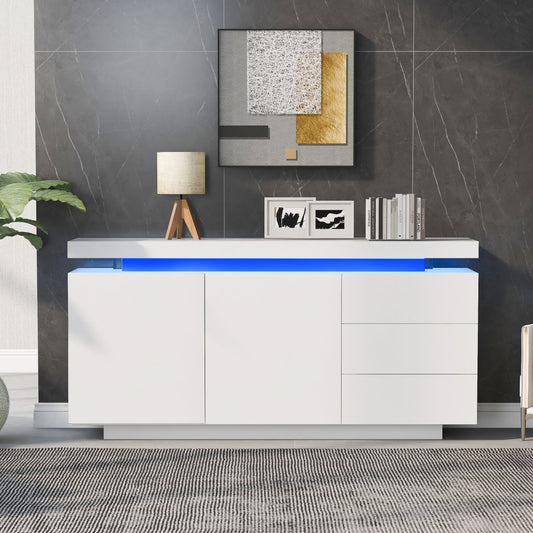306338342WAA Modern Living Room Sideboard High-Gloss Cabinet With 2 Doors & 3 Drawers, LED Lighting, Handle-Free Design 140x35x72.5cm White