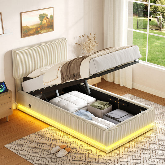 Modern Upholstered Beds With LED Lighting And USB-C Charging Function, Height-adjustable Headboard, Corduroy Fabric, Sturdy Slatted Frame, Large Underbed Storage Space And Comfortable Upholstered Head