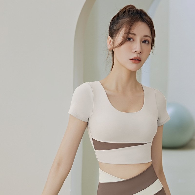 Women's Color Block Yoga Short Sleeve Top With Built-in Bra Pads, Tight Fit Athletic T-Shirt For Running & Workout