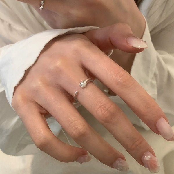 1pc 999 Sterling Silver Zircon Cat Paw Open Ring, Cute & Sweet Style, Perfect For Daily Wear & Valentine's Day Gift