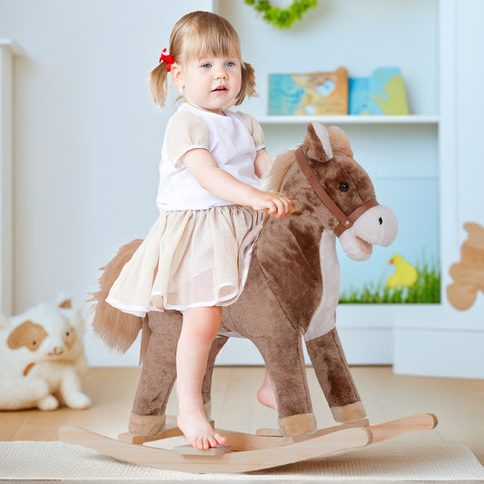 Kids Rocking Horse with Soft Plush Body, Wooden Base & Handle Grip for Years 3+