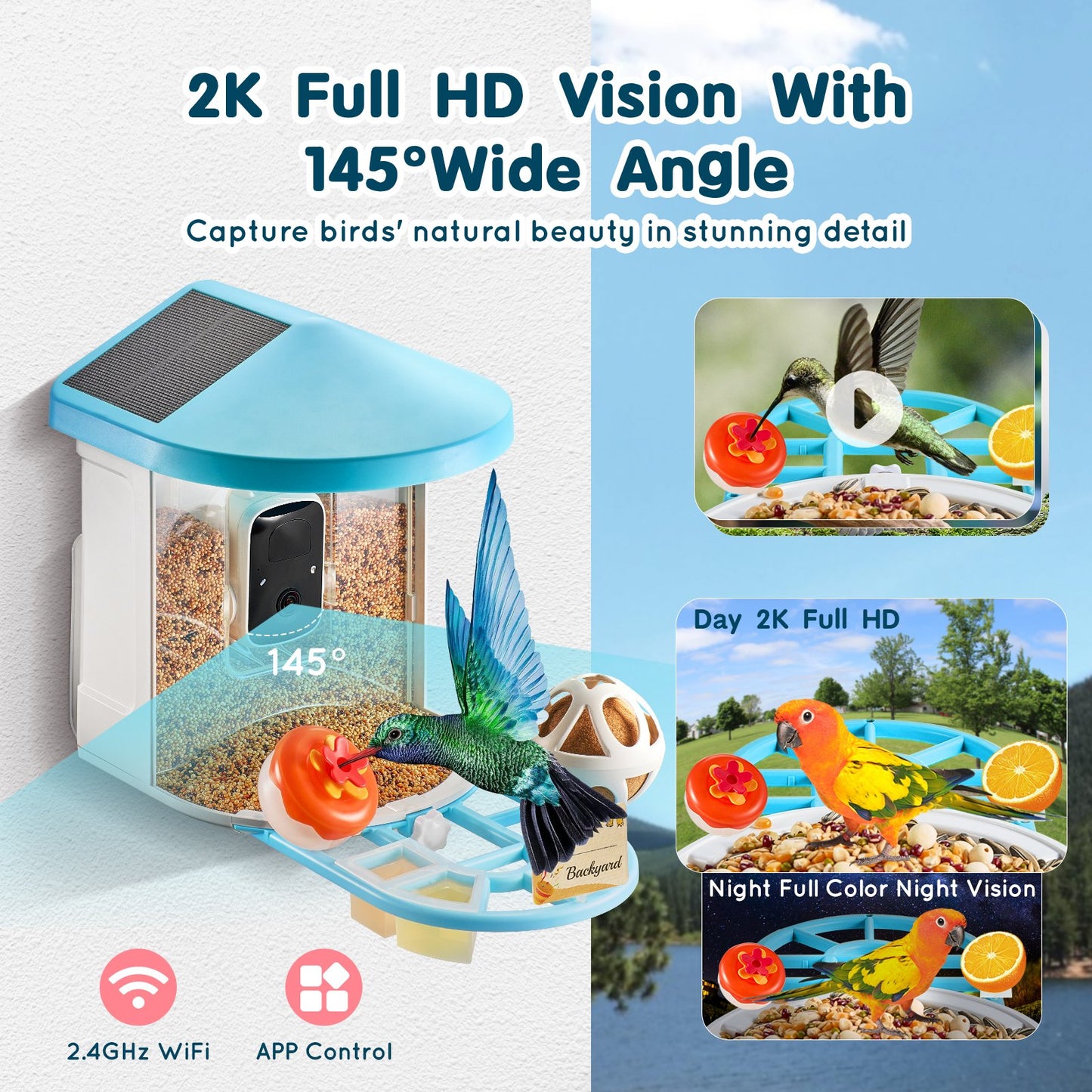 Smart Bird Feeder With Camera 2K HD AI Identify Bird Species Solar-Powered