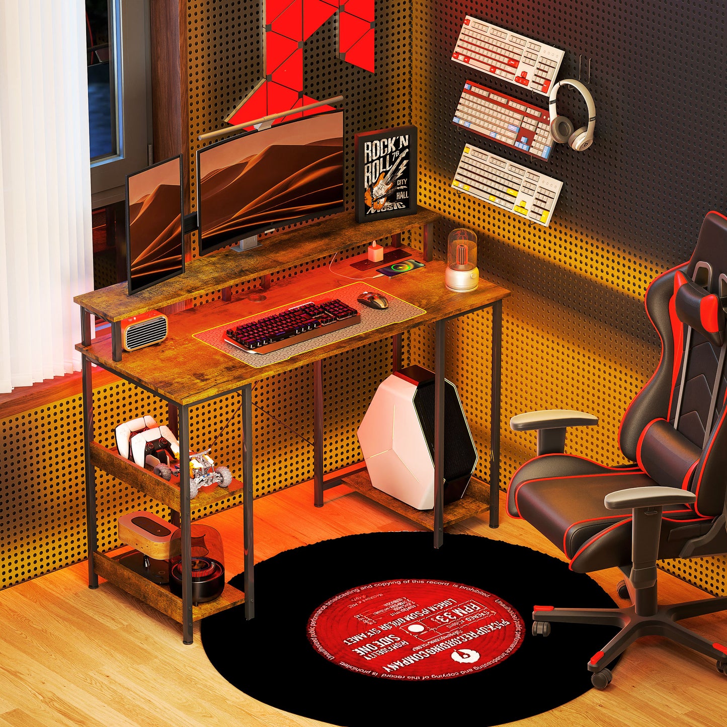 LED Computer Desk, With Power Outlets And Shelves - Rustic Brown