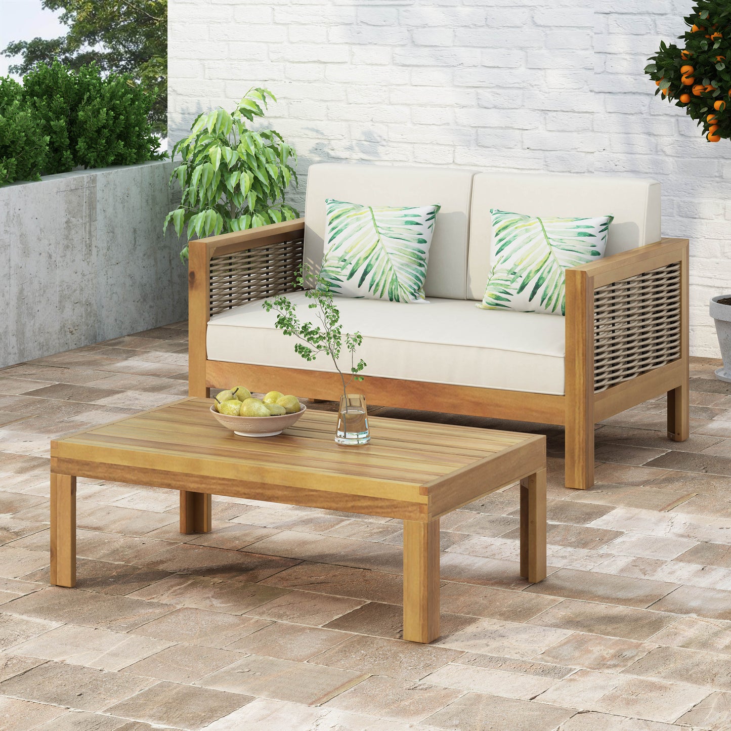 Outdoor Acacia Wood And Wicker Loveseat And Coffee Table Set With Cushions, Teak   Beige