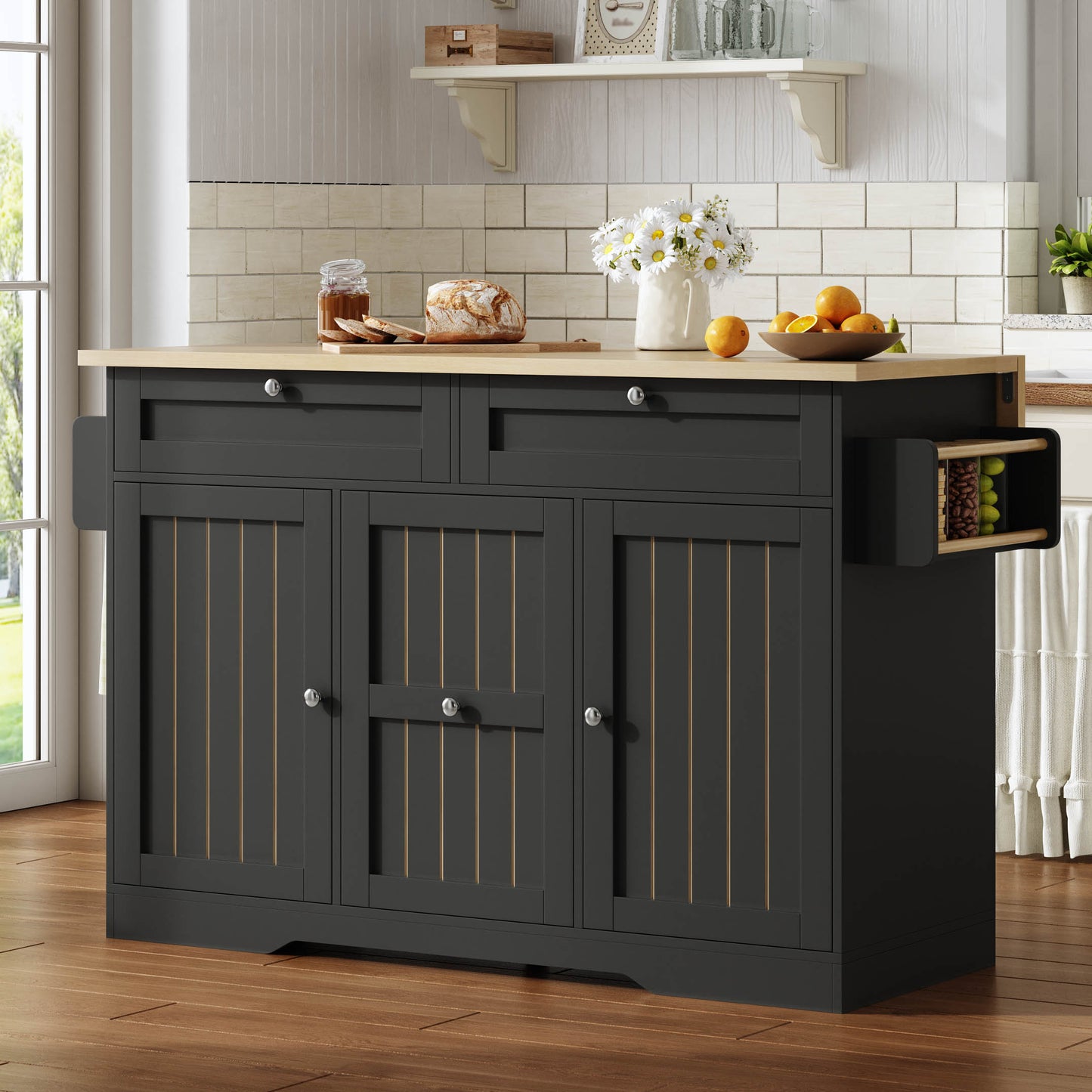 Mobile Kitchen Island With Folding Worktop, Serving Trolley And Storage Cabinet, With 2-tier Vertical Drawers, 2 Large Drawers And Lockable Casters, 120 X45  X92 Cm.