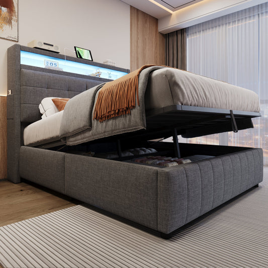 Upholstered Bed 140X200 Cm, With LED Lighting And USB Socket, Headboard With Shelves And Storage Space, With Hydraulic Storage Space With Storage Compartments, Double Adult Bed With Slatted Base, Line