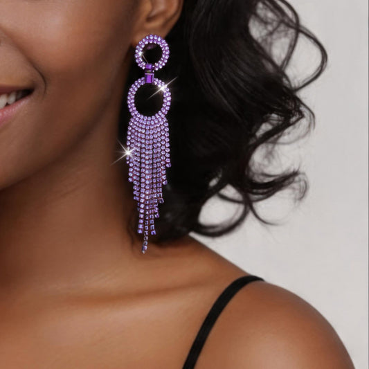 European American Trendy Lavender Full Paved CZ Long Tassel Dangle Earrings, Sparkly Ear Jewelry For Party Club, High-End Fashion Cross-Border Accessories For Women