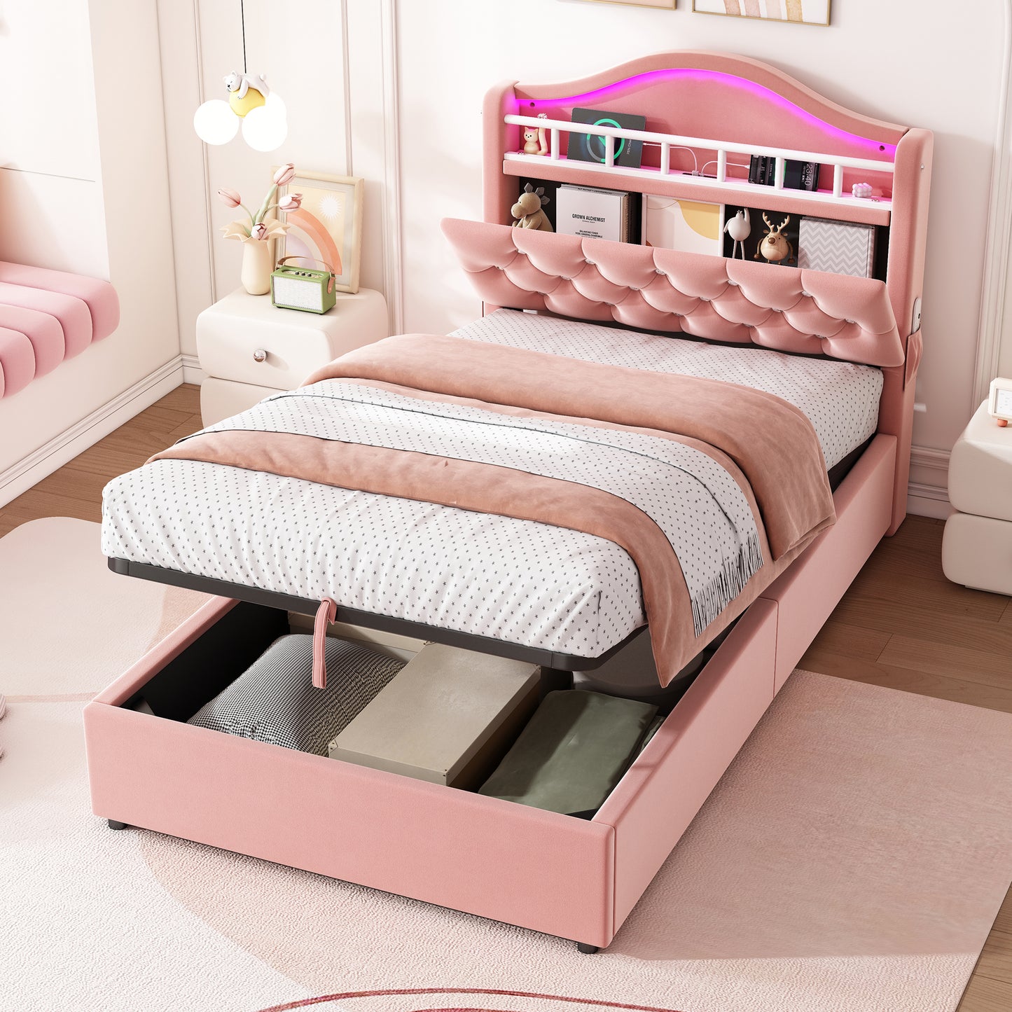 3ft Single Hydraulic Bed In Velvet, LED Bed Frame With Charging Station & Diamond Tufted Headboard, Multi-zone Storage, Solid & Stable Base,   No Mattress