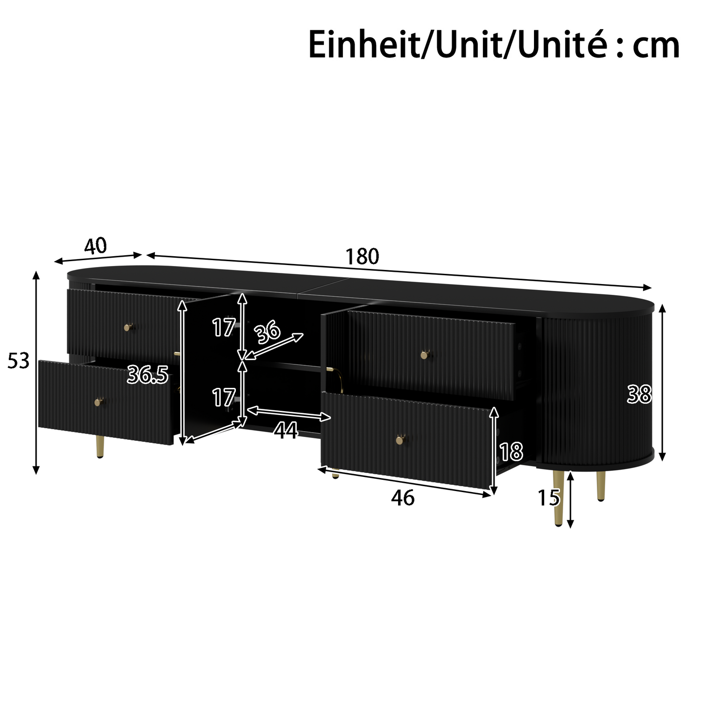 TV Cabinet, Lowboard, Three-dimensional Wave Structure, Rounded Edges, MDF Body, Aluminium Handles, Iron Feet, Fixed Shelf, Cable Outlet, Living Room
