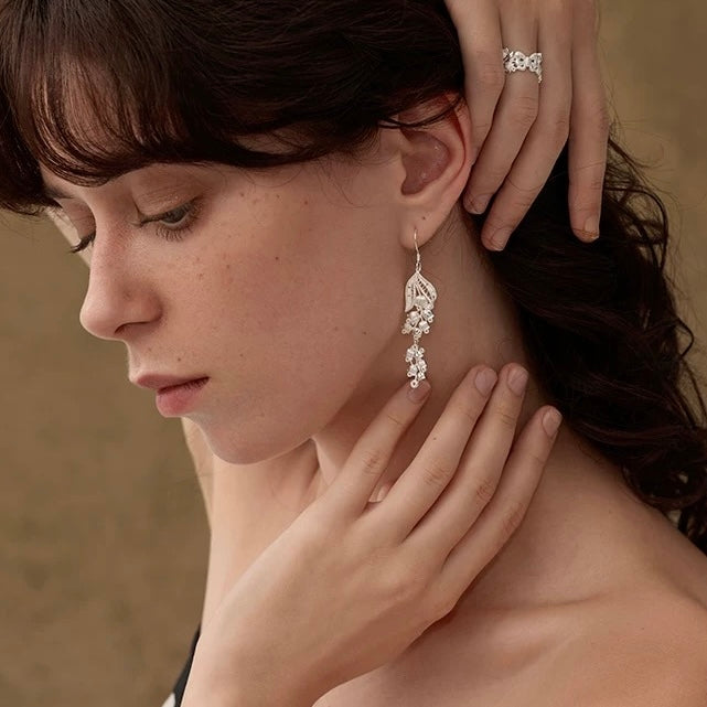 1 Pair 999 Sterling Silver Long Hollow Leaf Tassel Earrings, Elegant Luxurious Style, Perfect For Weddings & Valentine's Gifts