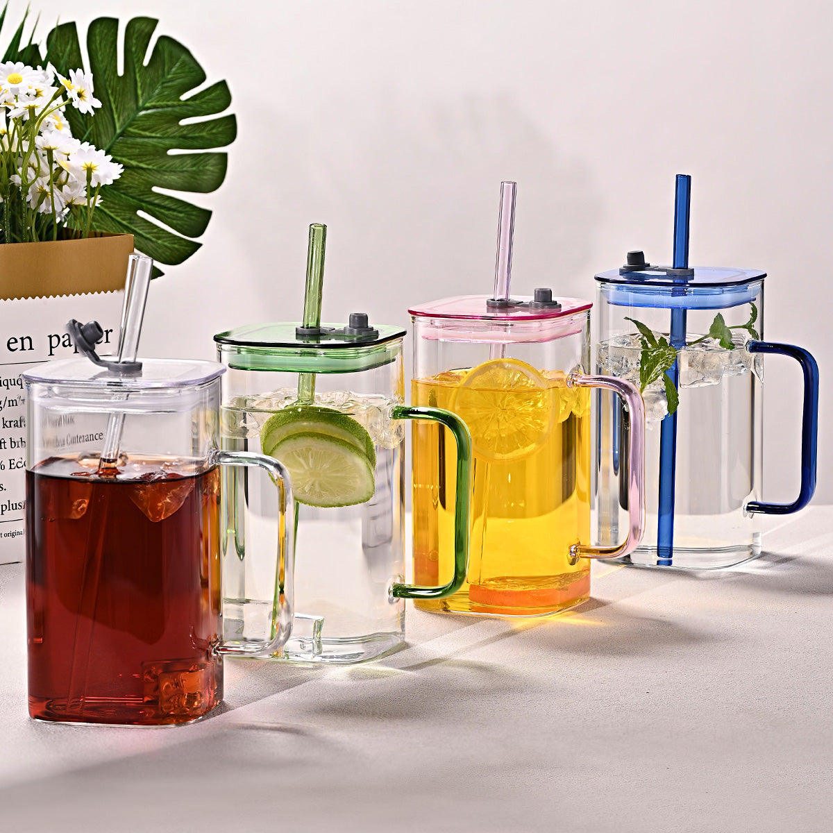 1 Pcs Blue Glass Straw Cup, 4 Colors Square Glass Cup With Straw And Lid, High Borosilicate Glass Cup, Milk Cup, Juice Cup, Cold Drink Cup, Coffee Cup, Tea Cup, Office Cup, Gift Cup