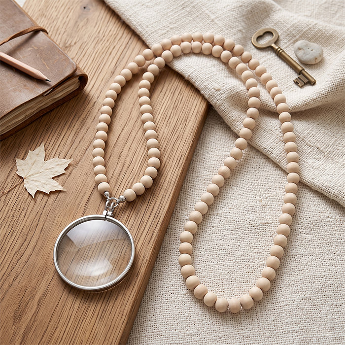 Retro Magnifying Glass Necklace With Natural Wood Beads - Long Adjustable Reading Magnifier Pendant - Vintage Boho Gift For Book Lovers Men Women