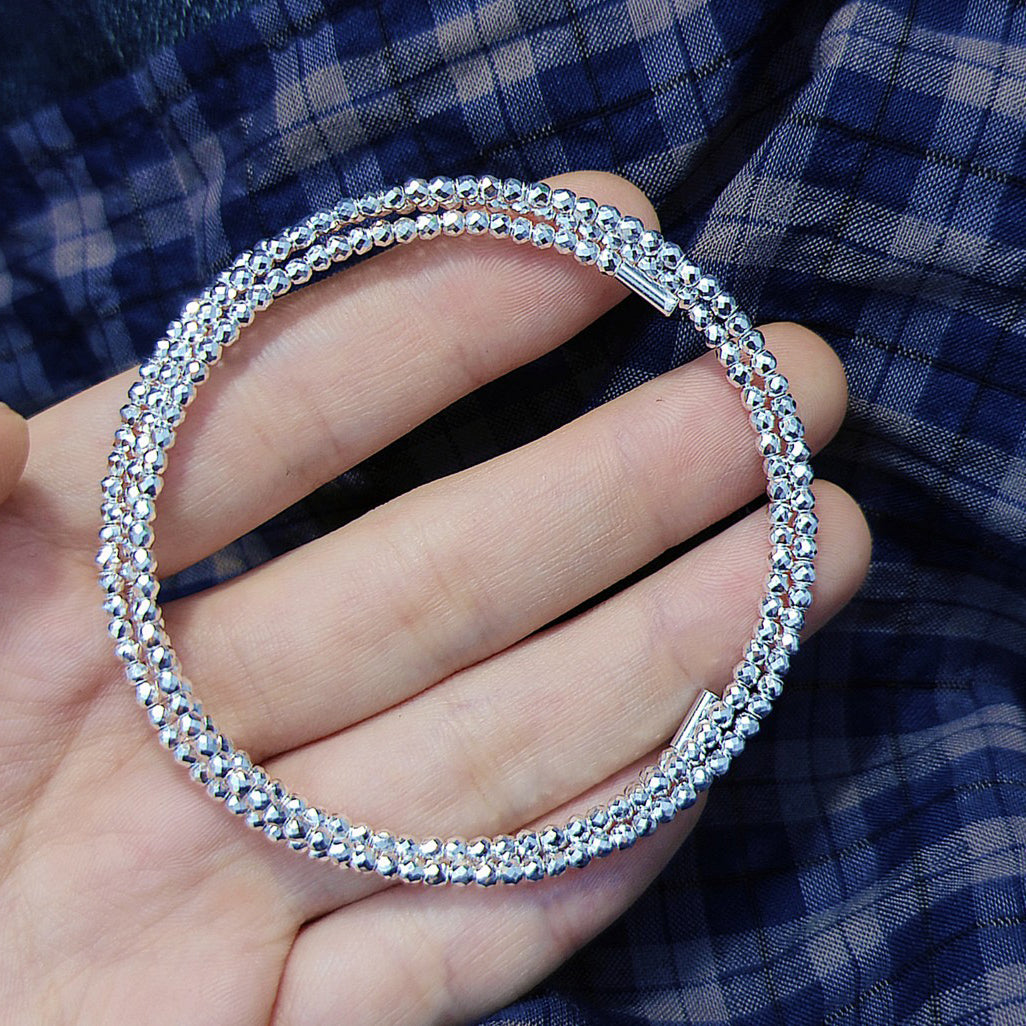 1pc 999 Sterling Silver Triple-Layer Laser Bead Stretch Bracelet, Sparkly Minimalist Style, Perfect For Daily Wear And Valentine's Gift