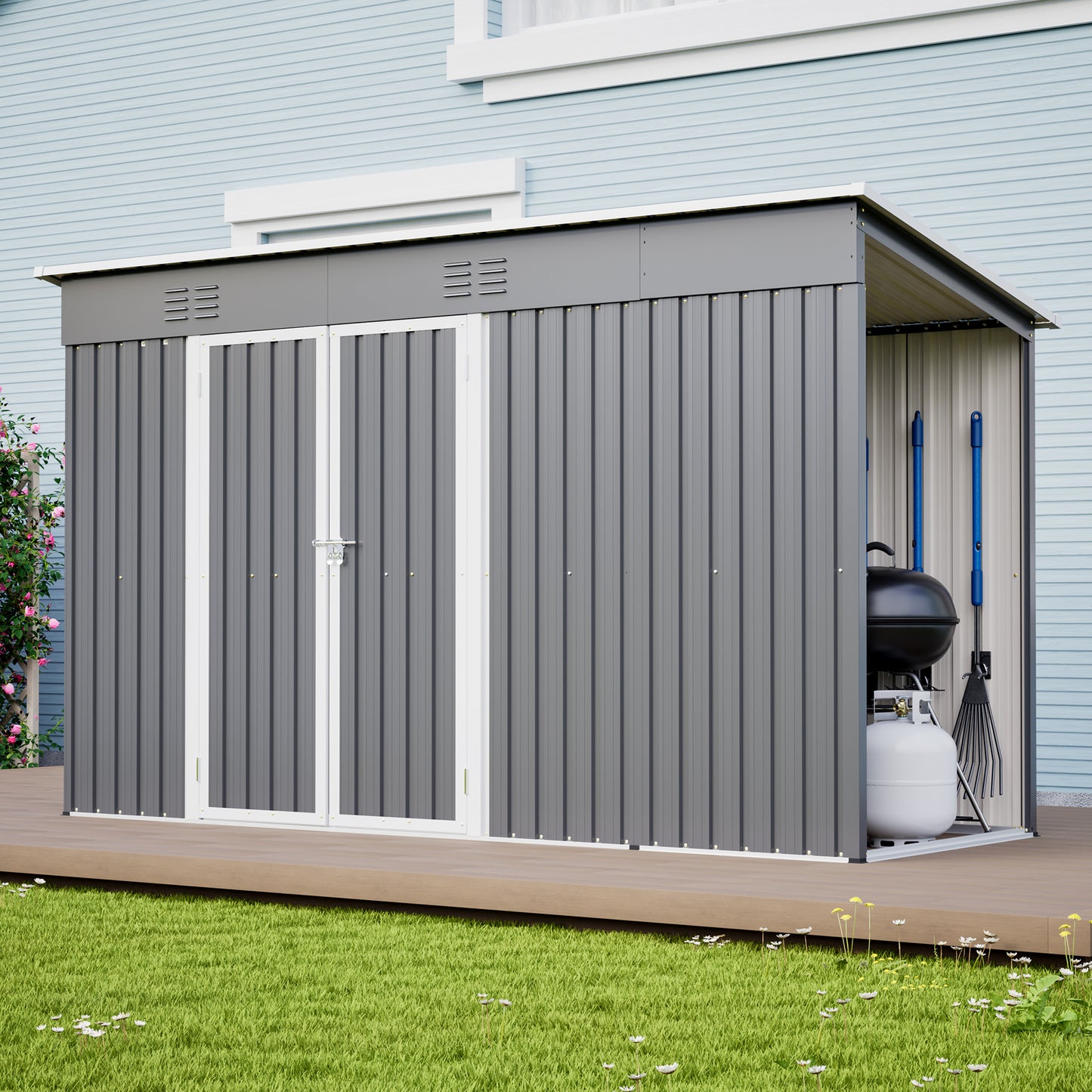 10 X4  Outdoor Metal Storage Shed For Garden Tools Lockable Door With Floor Frame