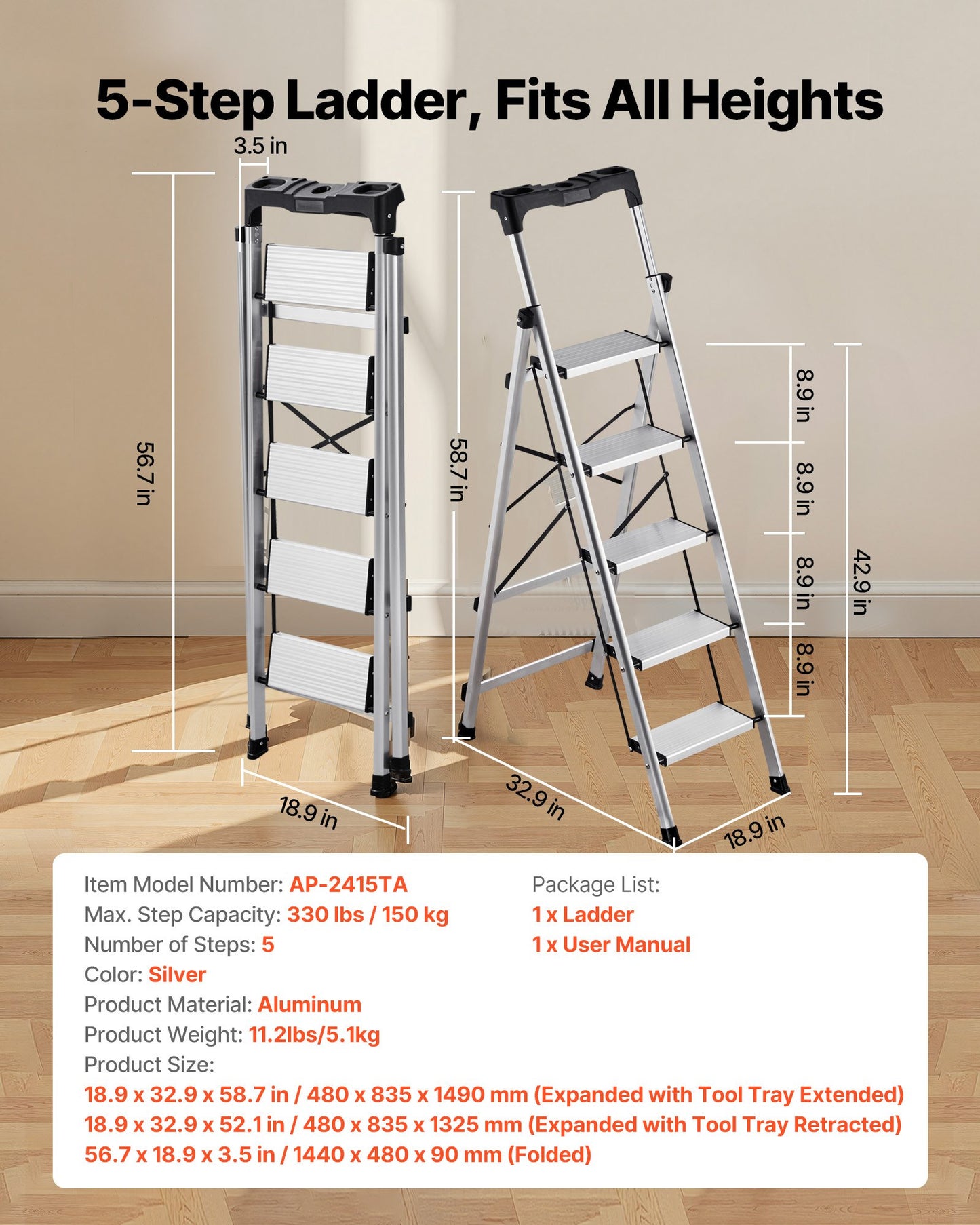 5 Step Ladder, Folding Step Stool With Wide Anti-Slip Pedal And Comfort Handgrip, 330 Lbs Capacity Portable Aluminum Stepladder, Multi-Use For Kitchen, Warehouse, Household And Office, Silver